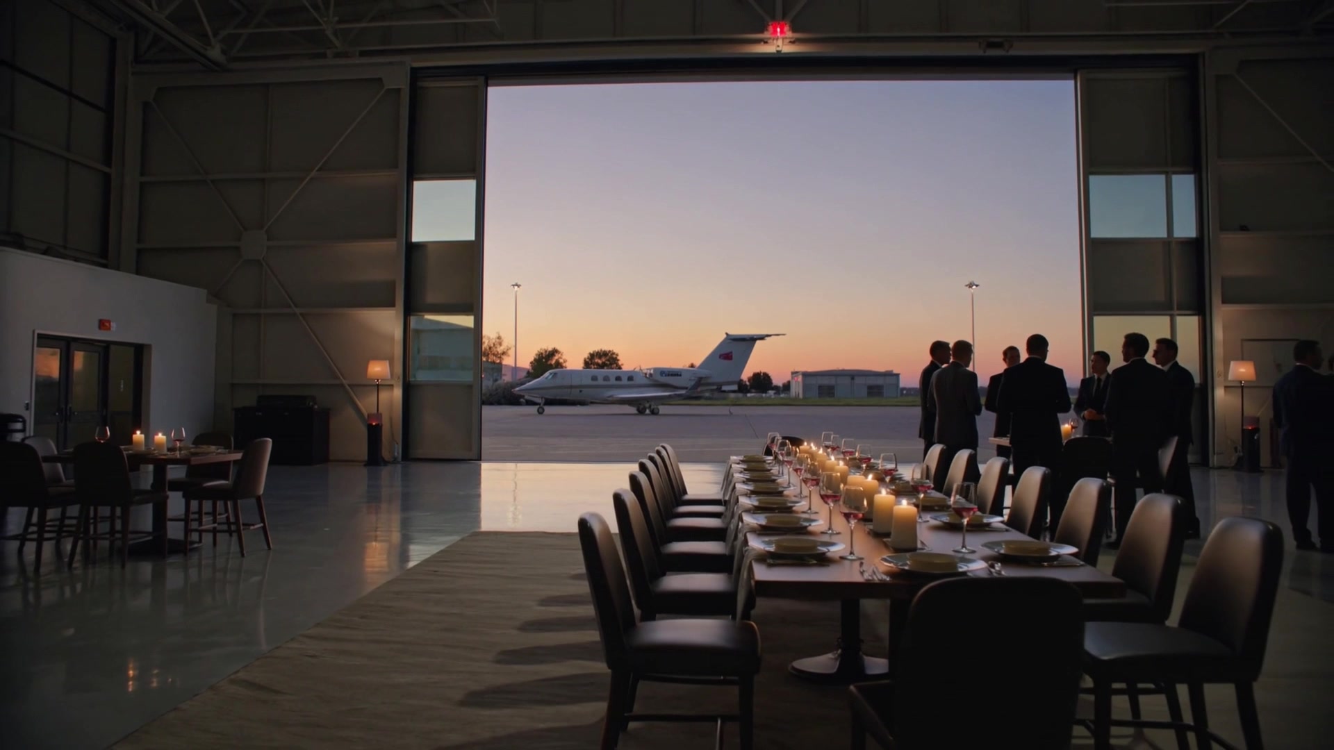 Concept of a candlelit dinner beside a parked aircraft